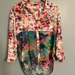 Jams World Red Pink Graphic Blouse Notched Collar